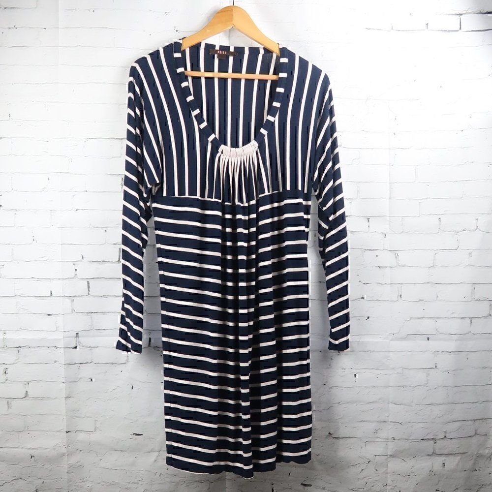 REISS BLUE & WHITE STRIPE LONG SLEEVE SCOOP NECK MIDI DRESS SIZE MEDIUM
